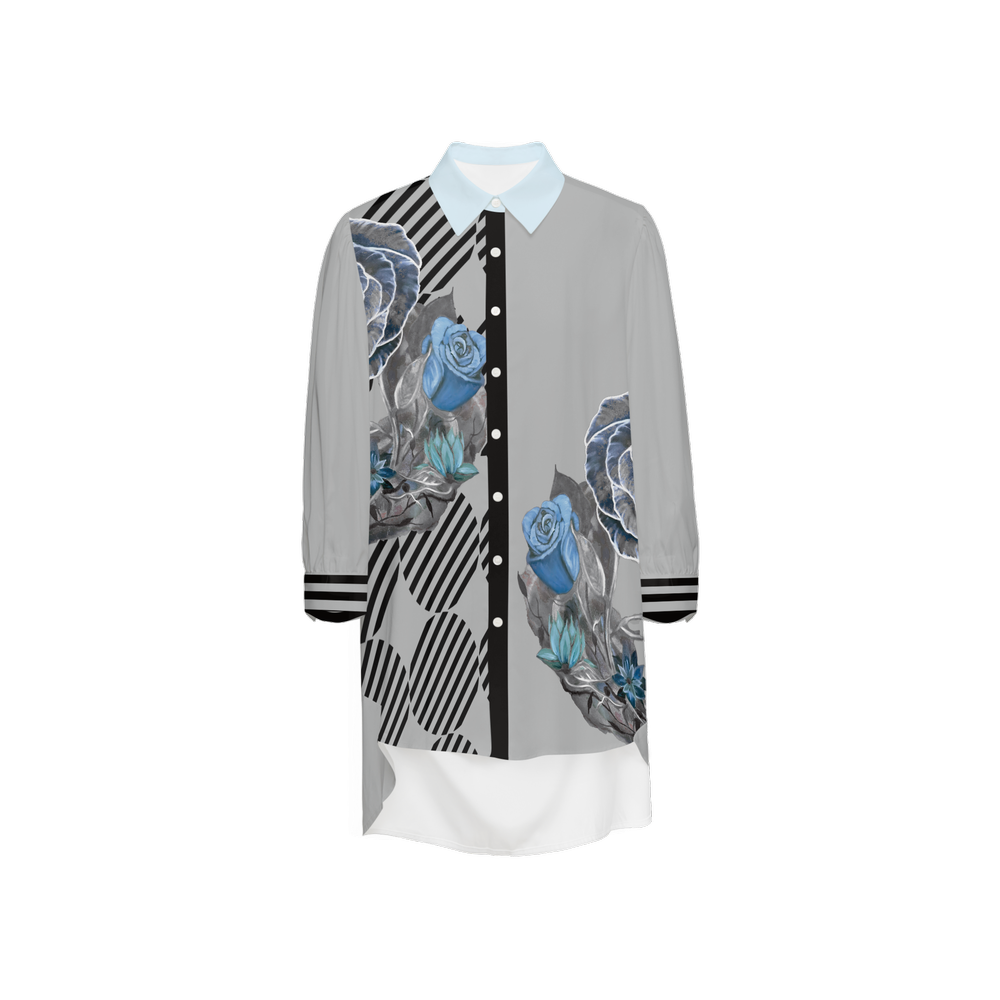 River of Flowers Grey Women's High-Low Long-Sleeve Hem Shirt Silky-like Elegance