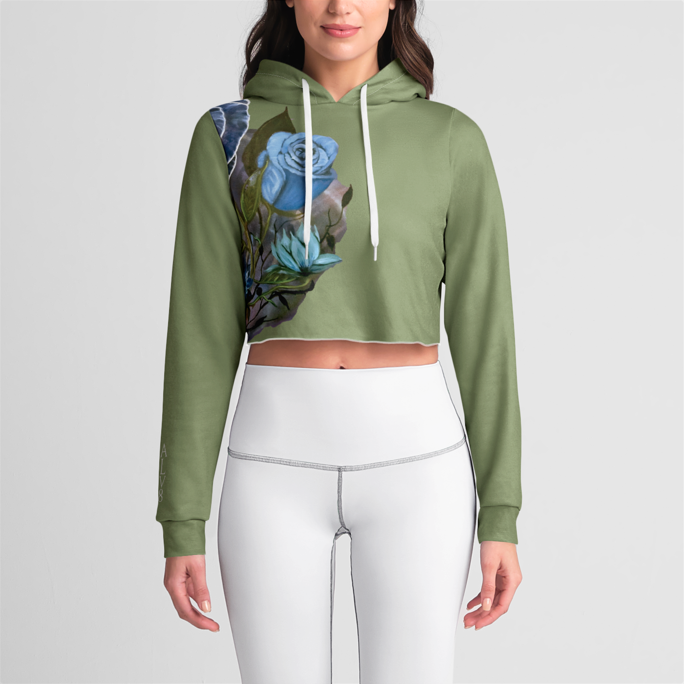 River of Flowers Green Women's Crop Hoodie