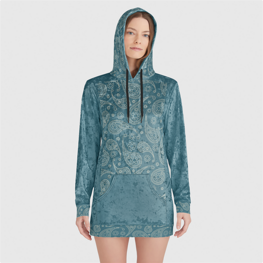 Emerald Paisley Womens Velvet Hoodie Dress